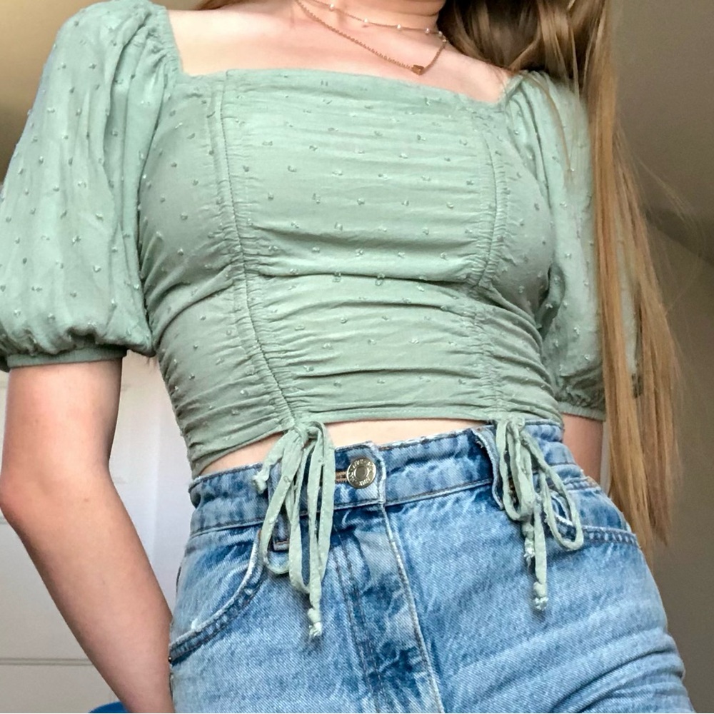 Sage Ruched Puff Sleeves Stirred Back Bow Ties Crop Top